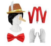 Adults Lying Wooden Puppet Costume Set - 6-Piece Accessory Kit with Hat, Black Wig, Long Nose, Red Bow Tie, Braces, and White Gloves - World Book Day, Cosplay, & Theatre - Unisex Fancy Dress Costume