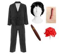 Adults Mafia Boss Costume Halloween Outfit with Pinstripe Suit Black Wig Cigar Rose and Slash Scar Accessory Gangster Fancy Dress Attire