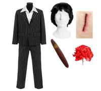 Adults Mafia Boss Costume Halloween Outfit with Pinstripe Suit White Frill Shirt Wig Cigar Rose and Slash Scar Accessory Gangster Fancy Dress Attire