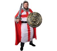Adults Medieval Crusader Knight Costume - X-Large - England Tunic with Red Cape, Chainmail-Look Hood, Gold Sword and Shield - Mens Ladies St George's Day Fancy Dress Costume