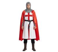 Adults Medieval Crusader Knight - England Flag Tunic, Red Cape, Chainmail - Look Headpiece, Belt - King Arthur Knight Outfit for Parties & Events