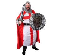 Adults Medieval Crusader Knight Fancy Dress Costume - St George Tunic + Red Cape + Chainmail Hood + Matching Plastic Sword and Gold/silver Lion Shield