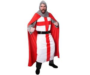 Adults Medieval Crusader Knight Fancy Dress English Knight Costume - Medium - St George Tunic + Red Cape + Headpiece + Belt - Lionheart King Arthur