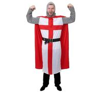 Adults Medieval Crusader Knight - Small - England Flag Tunic, Red Cape, Chainmail-Look Headpiece, Belt - Mens Lionheart King Arthur St Georges Day Fancy Dress Costume
