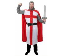 Adults Medieval Knight Costume Set - Crusader Tunic, Red Cape, Chainmail Hood & 45cm Foam Sword - Halloween Renaissance Fair & Themed Parties Mens Fancy Dress