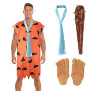 Adults Men Fred Flintstone Costume Fancy Dress, 4 PCS Caveman Cosplay Outfits with Feet Covers Inflatable Club Stick Necktie (XXXLarge)
