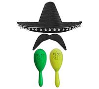Adults Mexican Accessory Set - Black Mexican Sombrero, Green & Yellow Maracas, Moustache - Mexican Cinco de Mayo Sensorita Bandit Mariachi Fancy Dress Costume Accessory Set