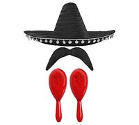 Adults Mexican Accessory Set - Black Mexican Sombrero, Red Maracas, Moustache - Mexican Cinco de Mayo Sensorita Bandit Mariachi Fancy Dress Costume Accessory Set