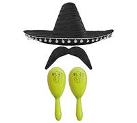 Adults Mexican Accessory Set - Black Mexican Sombrero, Yellow Maracas, Moustache - Mexican Cinco de Mayo Sensorita Bandit Mariachi Fancy Dress Costume Accessory Set