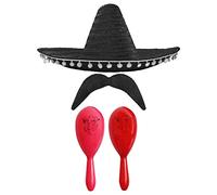Adults Mexican Accessory Set - Black Sombrero, Pink & Red Maracas, Moustache - Cinco de Mayo Sensorita Bandit Mariachi Fancy Dress Costume Accessory Set