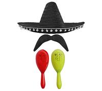 Adults Mexican Accessory Set - Black Sombrero, Red & Yellow Maracas, Moustache - Cinco de Mayo Sensorita Bandit Mariachi Fancy Dress Costume Accessory Set