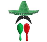Adults Mexican Accessory Set - Green Mexican Sombrero, Green & Red Maracas, Moustache - Mexican Cinco de Mayo Sensorita Bandit Mariachi Fancy Dress Costume Accessory Set