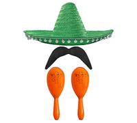 Adults Mexican Accessory Set - Green Mexican Sombrero, Orange Maracas, Moustache - Mexican Cinco de Mayo Sensorita Bandit Mariachi Fancy Dress Costume Accessory Set