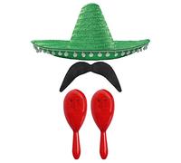 Adults Mexican Accessory Set - Green Mexican Sombrero, Red Maracas, Moustache - Mexican Cinco de Mayo Sensorita Bandit Mariachi Fancy Dress Costume Accessory Set
