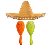 Adults Mexican Accessory Set - Mexican Straw Sombrero With Maracas - Mens Ladies Mexico Bandit Mariachi Senorita Cinco de Mayo Fancy Dress Costume Accessory Set