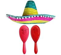 Adults Mexican Accessory Set - Mexican Straw Sombrero With Maracas - Mens Ladies Mexico Bandit Mariachi Senorita Cinco de Mayo Fancy Dress Costume Accessory Set