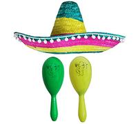 Adults Mexican Accessory Set - Mexican Straw Sombrero With Maracas - Mens Ladies Mexico Bandit Mariachi Senorita Cinco de Mayo Fancy Dress Costume Accessory Set