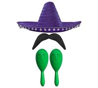 Adults Mexican Accessory Set - Natural Mexican Sombrero, Green Maracas, Moustache - Mexican Cinco de Mayo Sensorita Bandit Mariachi Fancy Dress Costume Accessory Set