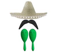 Adults Mexican Accessory Set - Natural Mexican Sombrero, Green Maracas, Moustache - Mexican Cinco de Mayo Sensorita Bandit Mariachi Fancy Dress Costume Accessory Set
