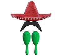 Adults Mexican Accessory Set - Natural Mexican Sombrero, Green Maracas, Moustache - Mexican Cinco de Mayo Sensorita Bandit Mariachi Fancy Dress Costume Accessory Set