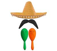 Adults Mexican Accessory Set - Natural Mexican Sombrero, Green & Orange Maracas, Moustache - Mexican Cinco de Mayo Sensorita Bandit Mariachi Fancy Dress Costume Accessory Set