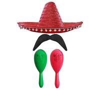 Adults Mexican Accessory Set - Natural Mexican Sombrero, Green & Pink Maracas, Moustache - Mexican Cinco de Mayo Sensorita Bandit Mariachi Fancy Dress Costume Accessory Set