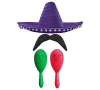 Adults Mexican Accessory Set - Natural Mexican Sombrero, Green & Pink Maracas, Moustache - Mexican Cinco de Mayo Sensorita Bandit Mariachi Fancy Dress Costume Accessory Set