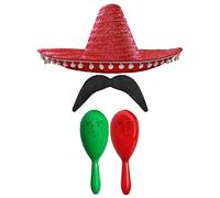 Adults Mexican Accessory Set - Natural Mexican Sombrero, Green & Red Maracas, Moustache - Mexican Cinco de Mayo Sensorita Bandit Mariachi Fancy Dress Costume Accessory Set