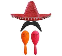 Adults Mexican Accessory Set - Natural Mexican Sombrero, Orange & Pink Maracas, Moustache - Mexican Cinco de Mayo Sensorita Bandit Mariachi Fancy Dress Costume Accessory Set