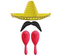 Adults Mexican Accessory Set - Natural Mexican Sombrero, Pink Maracas, Moustache - Mexican Cinco de Mayo Sensorita Bandit Mariachi Fancy Dress Costume Accessory Set