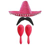 Adults Mexican Accessory Set - Natural Mexican Sombrero, Pink Maracas, Moustache - Mexican Cinco de Mayo Sensorita Bandit Mariachi Fancy Dress Costume Accessory Set