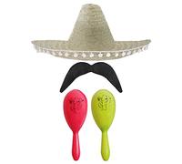 Adults Mexican Accessory Set - Natural Mexican Sombrero, Pink & Yellow Maracas, Moustache - Mexican Cinco de Mayo Sensorita Bandit Mariachi Fancy Dress Costume Accessory Set