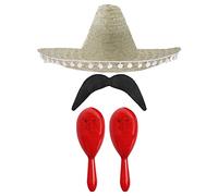 Adults Mexican Accessory Set - Natural Mexican Sombrero, Red Maracas, Moustache - Mexican Cinco de Mayo Sensorita Bandit Mariachi Fancy Dress Costume Accessory Set