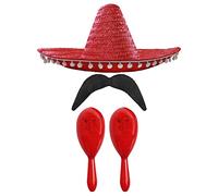 Adults Mexican Accessory Set - Natural Mexican Sombrero, Red Maracas, Moustache - Mexican Cinco de Mayo Sensorita Bandit Mariachi Fancy Dress Costume Accessory Set