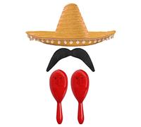 Adults Mexican Accessory Set - Natural Mexican Sombrero, Red Maracas, Moustache - Mexican Cinco de Mayo Sensorita Bandit Mariachi Fancy Dress Costume Accessory Set