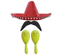 Adults Mexican Accessory Set - Natural Mexican Sombrero, Yellow Maracas, Moustache - Mexican Cinco de Mayo Sensorita Bandit Mariachi Fancy Dress Costume Accessory Set