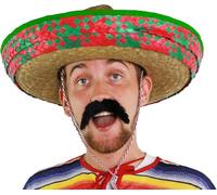 Adults Mexican Accessory Set - Pack of 1 - Green Embroidered Mexican Sombrero, Black Mexican Tash - Mexico Fiesta Cinco de Mayo Fancy Dress Costume