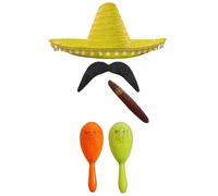Adults Mexican Accessory Set - Yellow Mexican Sombrero, Orange & Yellow Maracas, Fake Cigar, Moustache - Mexican Cinco de Mayo Sensorita Bandit Mariachi Fancy Dress Costume Accessory Set