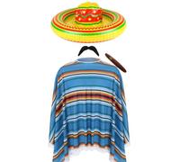 Adults Mexican Costume - Blue Striped Poncho, Inflatable Sombrero, Mexican Moustache and Fake Cigar - Mens Ladies Mexico Mariachi Bandit Cinco de Mayo Fancy Dress Costume