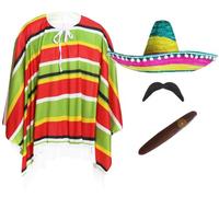 Adults Mexican Costume - Multicoloured Poncho, Multicoloured Sombrero, Fake Cigar, Fake Moustache - Mens Ladies Mexico Cinco de Mayo Fancy Dress Costume