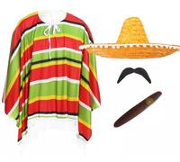 Adults Mexican Costume - Multicoloured Poncho, Orange Sombrero, Fake Cigar, Fake Moustache - Mens Ladies Mexico Cinco de Mayo Fancy Dress Costume