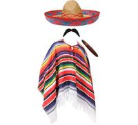 Adults Mexican Costume - Multicoloured Poncho, Red Straw Sombrero, Fake Cigar, Fake Moustache - Mens Ladies Mexico Cinco de Mayo Fancy Dress Costume