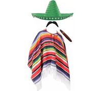 Adults Mexican Costume - Multicoloured Poncho with Tasselled Edges, Green Sombrero, Fake Cigar, Fake Moustache - Mens Ladies Mexico Cinco de Mayo Fancy Dress Costume