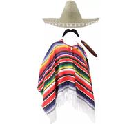 Adults Mexican Costume - Multicoloured Poncho with Tasselled Edges, Natural Sombrero, Fake Cigar, Fake Moustache - Mens Ladies Mexico Cinco de Mayo Fancy Dress Costume