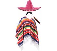Adults Mexican Costume - Multicoloured Poncho with Tasselled Edges, Pink Sombrero, Fake Cigar, Fake Moustache - Mens Ladies Mexico Cinco de Mayo Fancy Dress Costume