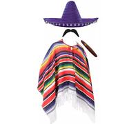 Adults Mexican Costume - Multicoloured Poncho with Tasselled Edges, Purple Sombrero, Fake Cigar, Fake Moustache - Mens Ladies Mexico Cinco de Mayo Fancy Dress Costume