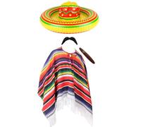 Adults Mexican Costume - Multicoloured Striped Poncho, Inflatable Sombrero, Mexican Moustache and Fake Cigar - Mens Ladies Mexico Mariachi Bandit Cinco de Mayo Fancy Dress Costume