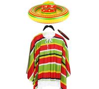 Adults Mexican Costume - Red, Green & Yellow Striped Poncho, Inflatable Sombrero, Mexican Moustache and Fake Cigar - Mens Ladies Mexico Mariachi Bandit Cinco de Mayo Fancy Dress Costume