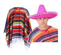 Adults Mexican Fancy Dress Costume - Deluxe Poncho with Tassles and Sombrero with Pom Poms - Pink