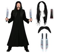 Adults Mexican Mercenary Costume - Standard - Black Duster Jacket, Long Black Wig, Fake Plastic Machetes, Mexican Moustache, Fake Blood - Mens Halloween TV Film Fancy Dress Costume